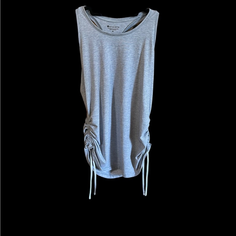 Athleta Racerback Heathered Gray/Blue Tank Striped with Drawstring Ruched Sides - Picture 5 of 9